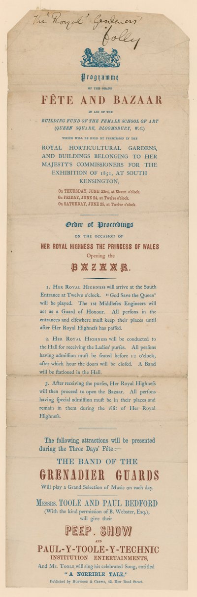 Programme of the grand Fete and Bazaar in aid of the Female School of Art by English School