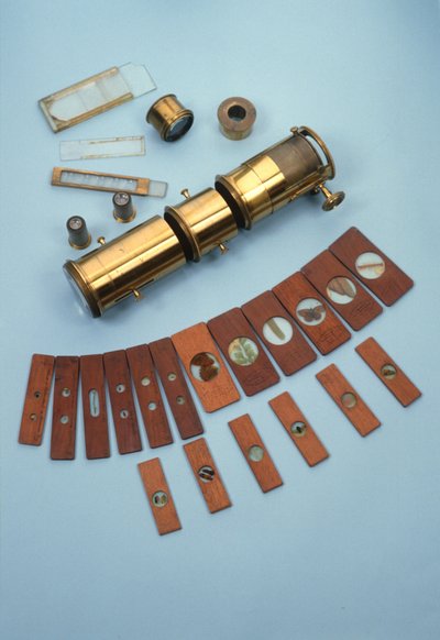 Projection microscope, retailed by Watkins & Hill, London, intended for use with a magic lantern, together with 18 natural history slides, c.1870 by English School
