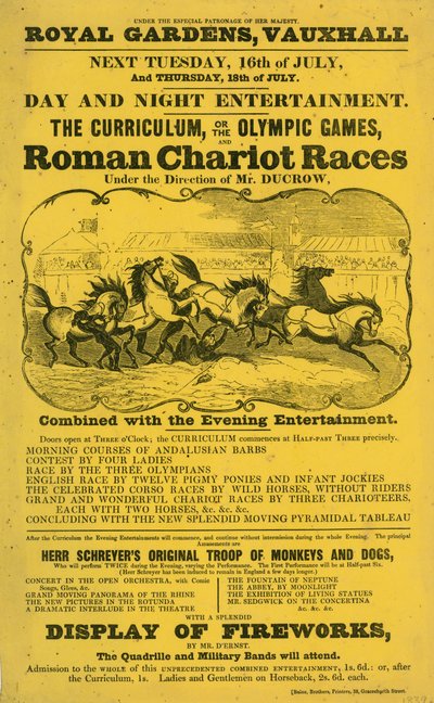 Promotional leaflet for The Curriculum; or, The Olympic Games and Roman Chariot Race at Royal Gardens, Vauxhall, London by English School