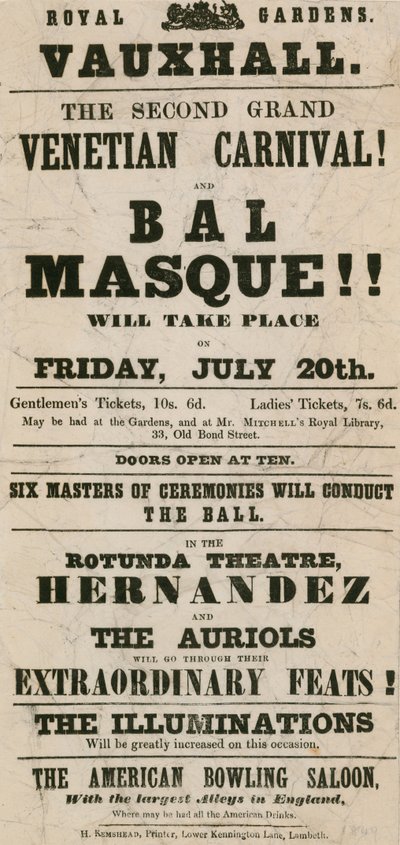 Promotional leaflet for The Second Grand Venetian Carnival and Bal Masque at Royal Gardens, Vauxhall, London by English School