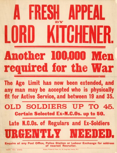 Promotional Poster Appealing for 100,000 Men to Volunteer for Service in the War by English School