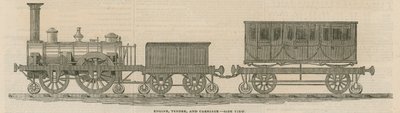 Prossers wooden railway: Engine, tender and carriage, side view by English School