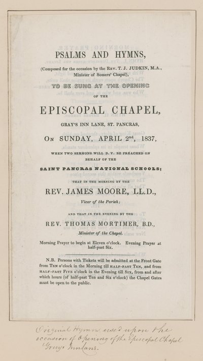 Psalms and Hymns to be Sung at the Episcopal Chapel by English School