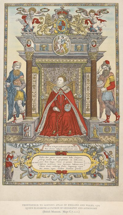 Queen Elizabeth as patron of geography and astronomy. Frontispiece to Saxton