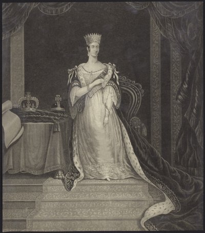 Queen Victoria seated alongside the crown jewels by English School