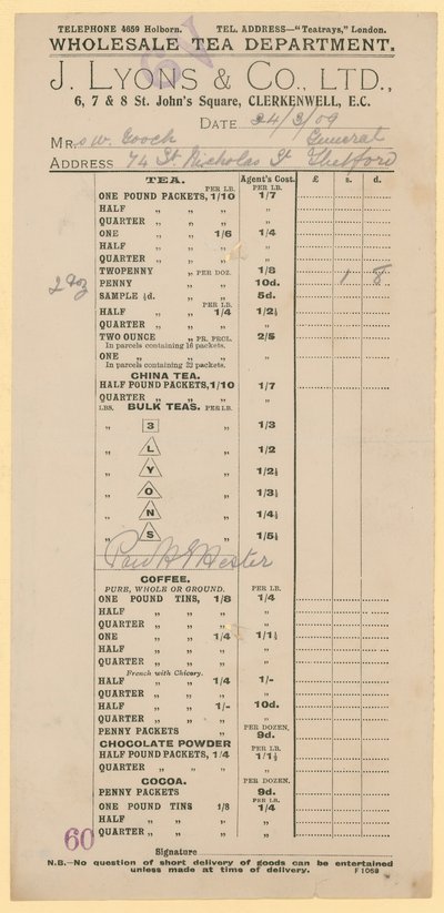 Receipt from J Lyons & Co Ltd, 6-8 St Johns Square, Clerkenwell, London EC by English School