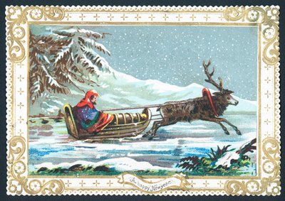 Reindeer pulling sledge by English School