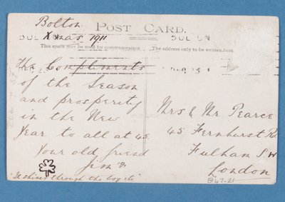 Reverse side of Bolton Wanderers FC players postcard, 1911-12 by English School