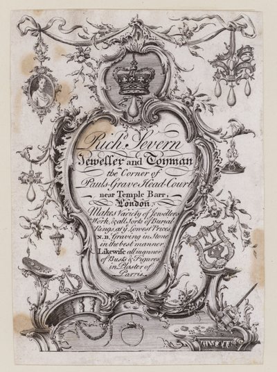 Richard Severn, Jeweller and Toyman, Temple Bar, London, Trade Card by English School