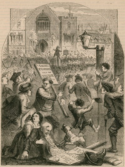 Riotous assembly outside the Parliament house on the introduction of the Excise Scheme by English School