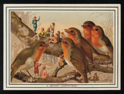 Robins and a Group of Performers, Christmas Greetings Card by English School