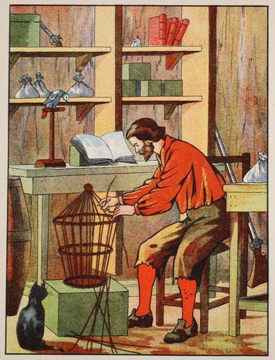Robinson Crusoe making a cage for his parrot by English School