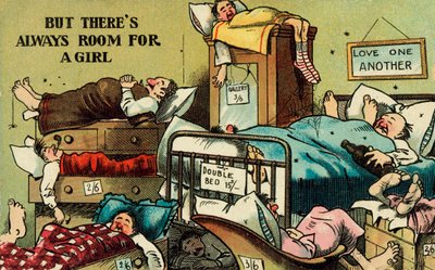 Room full of men sleeping in every space available by English School