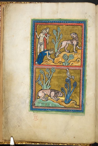 Three men, with one of them bowing to a lion; below: a lion crouched at the foot of a tree, with a rooster sitting on top, from Bestiary, Lapidary, 2nd quarter of the 13th century by English School