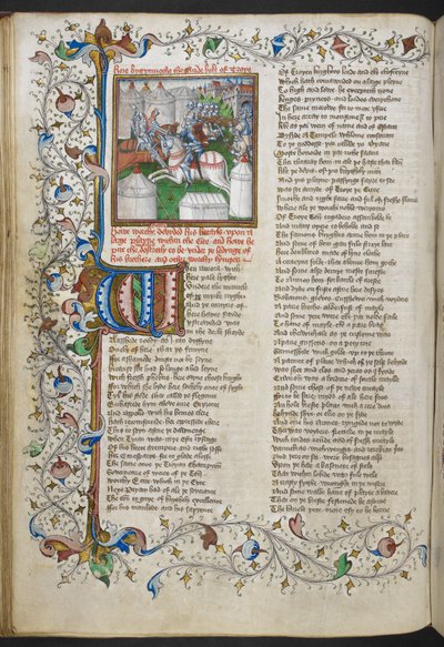 Miniature of Hector slaying Patroculus, with an illuminated initial 