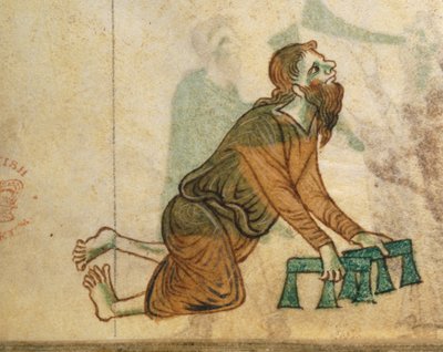 A crippled man crawling on his knees, from 