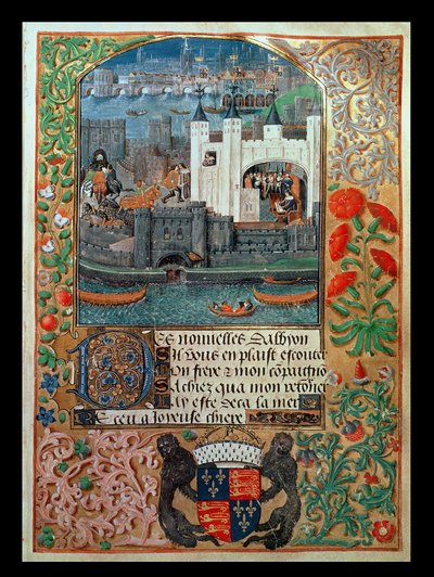 Tower of London and shipping, with Charles, Duke of Orleans seated in the Tower writing, from Poems of Charles Duke of Orleans, c.1500 by English School