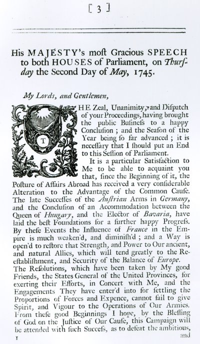 Royal Speech to both Houses of Parliament, 2nd May 1745 by English School