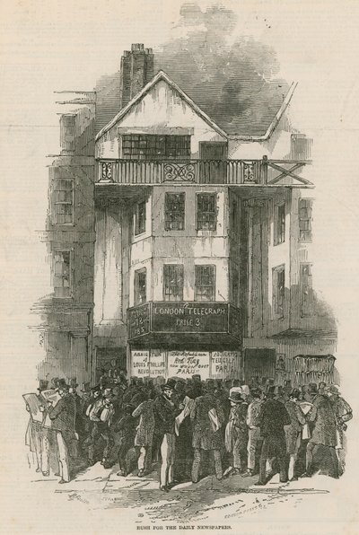 Rush for the daily newspaper at the office of the Daily Telegraph by English School