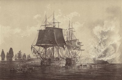 Russian ship Vsevolod destroyed in the presence of the Russian fleet after the action with HMS Implacable, attached to the Swedish Navy and commanded by Captain Thomas Byam Martin, in the Baltic, 26 August 1808 by English School