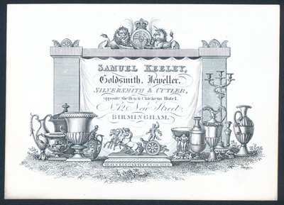 Samuel Keeley, Goldsmith, Jeweller, Silversmith & Cutler, Trade Card by English School