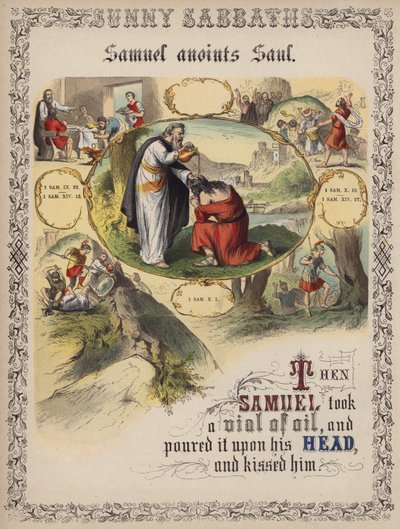 Samuel Anoints Saul (coloured engraving) by English School