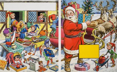 Santa Claus organising presents by English School