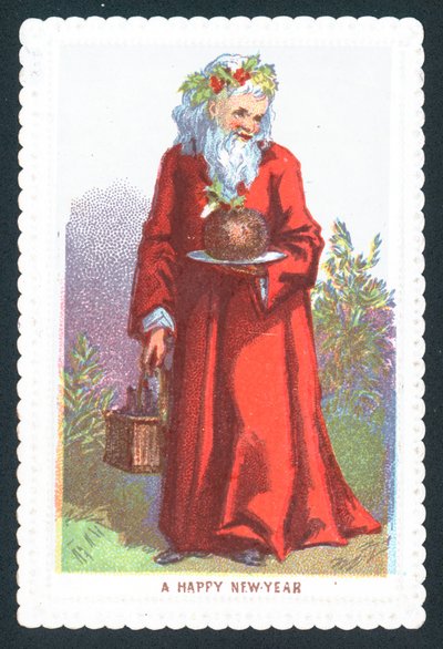 Santa holding plum pudding by English School
