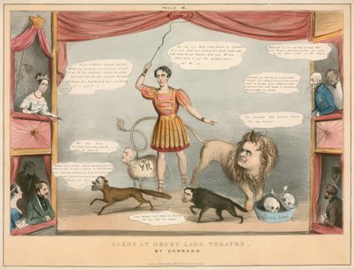 Scene from Drury Lane Theatre, London; cartoon by English School