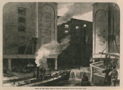 Scene of the Great Fire at the St Katherine Docks by English School