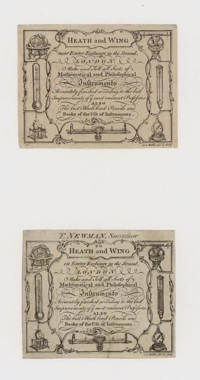 Heath and Wing and its successor T Newman Scientific Instrument Makers, trade cards by English School