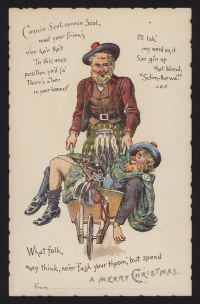 Scotsman taking his drunken friend home in a wheelbarrow by English School