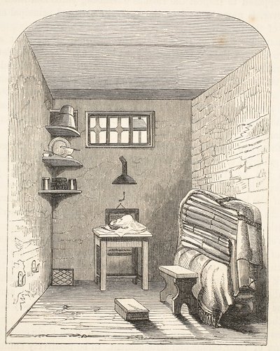 Separate cell in the old part of the Prison at Brixton, illustration from The Criminal Prisons of London and Scenes from Prison Life by Henry Mayhew and John Binny, pub. 1862 by English School