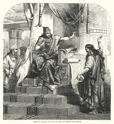 Shaphan Reading the Book of the Law Before King Josiah (engraving) by English School