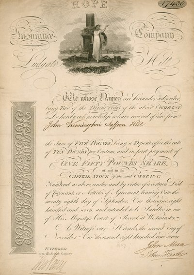 Share for the Hope Insurance Company, Ludgate Hill, London by English School