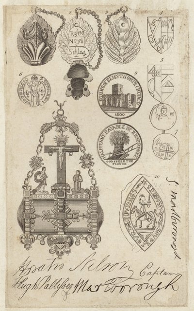 Sheet depicting coins, seals and tokens, with facsimiles of signatures by English School