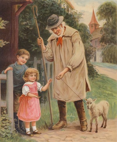 Shepherd Giving the Reins of a Pet Lamb to a Little Girl by English School