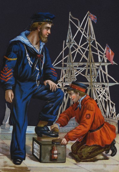 Shoeshine boy polishing a sailor