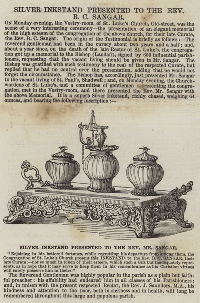 Silver Inkstand presented to the Reverend B C Sangar by English School