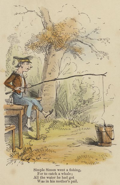 Simple Simon went a fishing, For to catch a whale; All the water he had got, Was in his mother