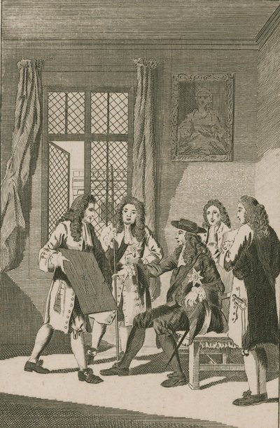 Sir Christopher Wren presenting to King Charles II his plan for rebuilding the City of London by English School