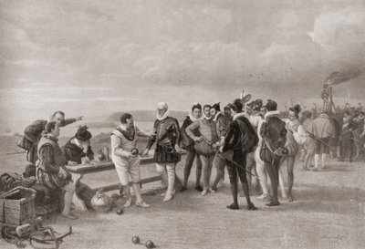 Sir Francis Drake playing bowls, with the Spanish Armada in sight at Plymouth Hoe, England in 1588 by English School