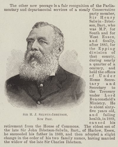 Sir H J Selwin-Ibbetson, New Peer by English School