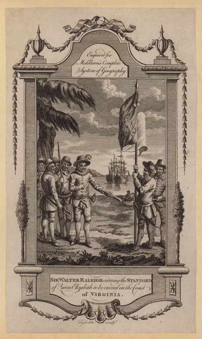 Sir Walter Raleigh ordering the Standard of Queen Elizabeth to be erected on the Coast of Virginia by English School