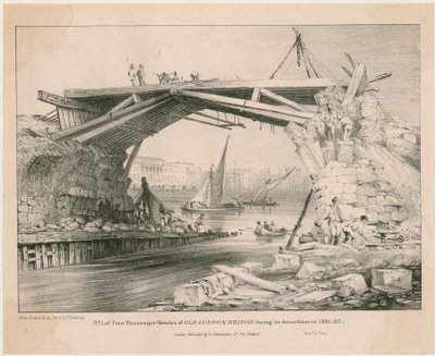 Sketch of Old London Bridge during its demolition in 1831, 1832 by English School