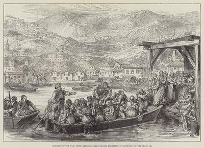 Sketches of the War, Greek Refugees from Kavarna embarking at Baltschik, on the Black Sea by English School