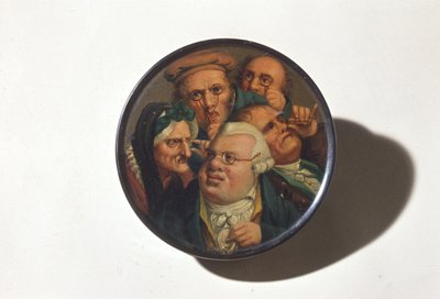 Snuff box, hand painted with a scene of different kinds of eyewear, early 19th century by English School