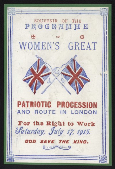 Souvenir programme of the womens procession for the right to work, London, 17 July 1915 by English School