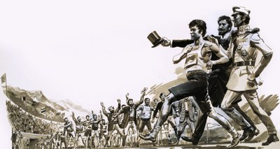 Spiridon Loues winning the Olympic marathon with two Greek princes escorting him by English School
