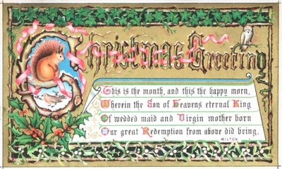 Squirrel sitting on branch, Christmas Card by English School